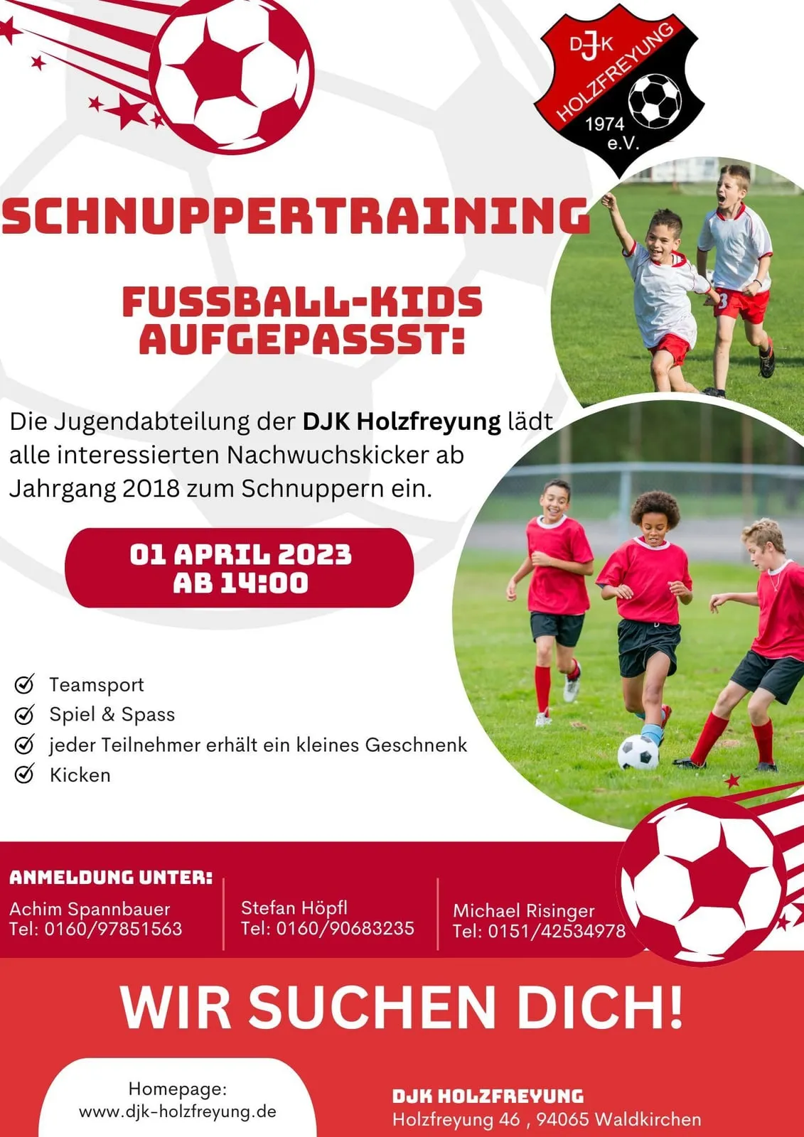 Plakat Schnuppertraining der Jugendabteilung am 1. April 2023